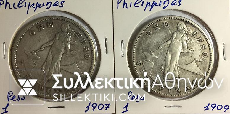 PHILIPPINES 2 X 1Peso 1907+09 VF/XF